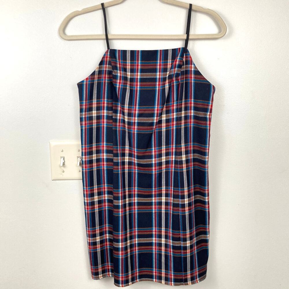 Urban Outfitters Navy Blue Plaid Slip Mini Dress Womens S Tartan Grunge Academic